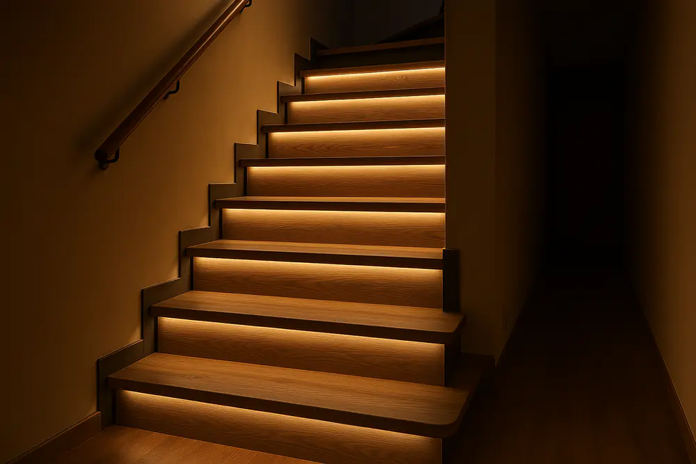Trap met warmwitte ledstrips onder de neus van elke trede